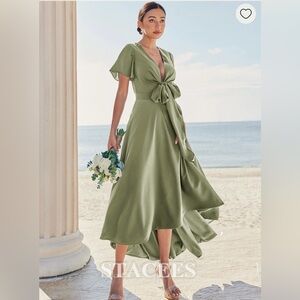 Stacees A-line V neck short sleeve asymmetrical stretch satin bridesmaid dress.